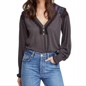 Free People Crochet Embroidered Oversized Blouse XS Boho Western
